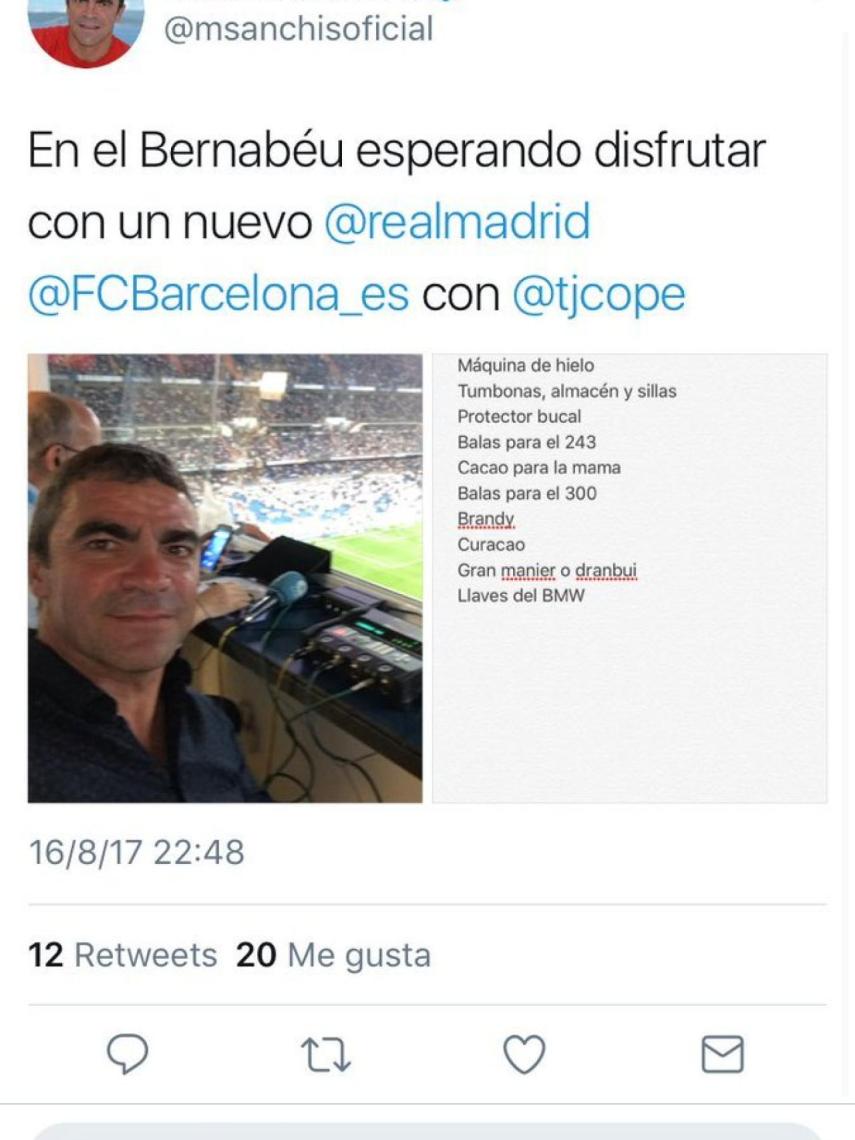 El tuit de Manolo Sanchís.