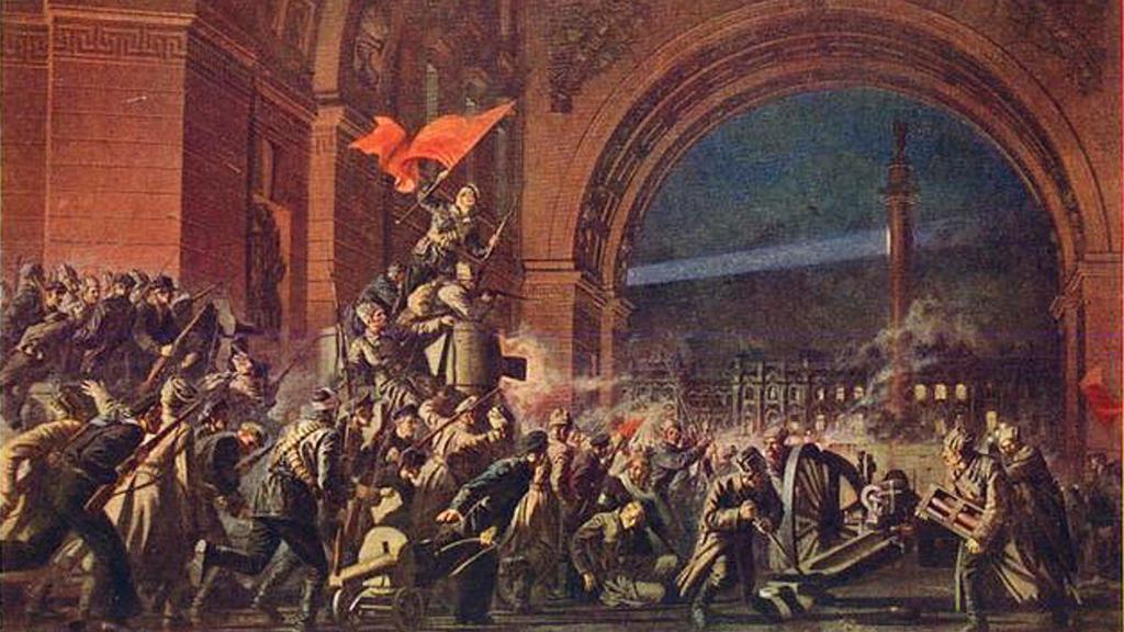 Cuadro emblemático de la toma del Palacio de Invierno, representando ese mismo Arco del Triunfo con el edificio al fondo.