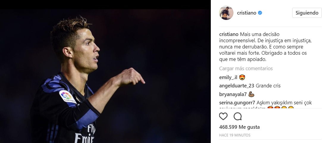 Cristiano, contra el TAD: De injusticia en injusticia, nunca me derribarán