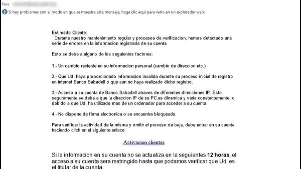 Texto del correo que reciben las víctimas del ataque.