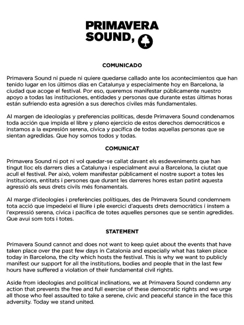 Comunicado Primavera Sound.