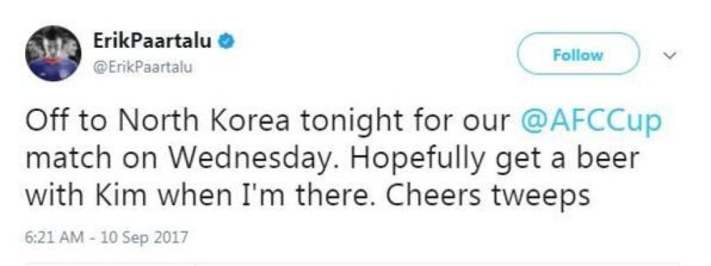 Uno de los tuits que Paartalu publicó antes de viajar a Corea del Norte.