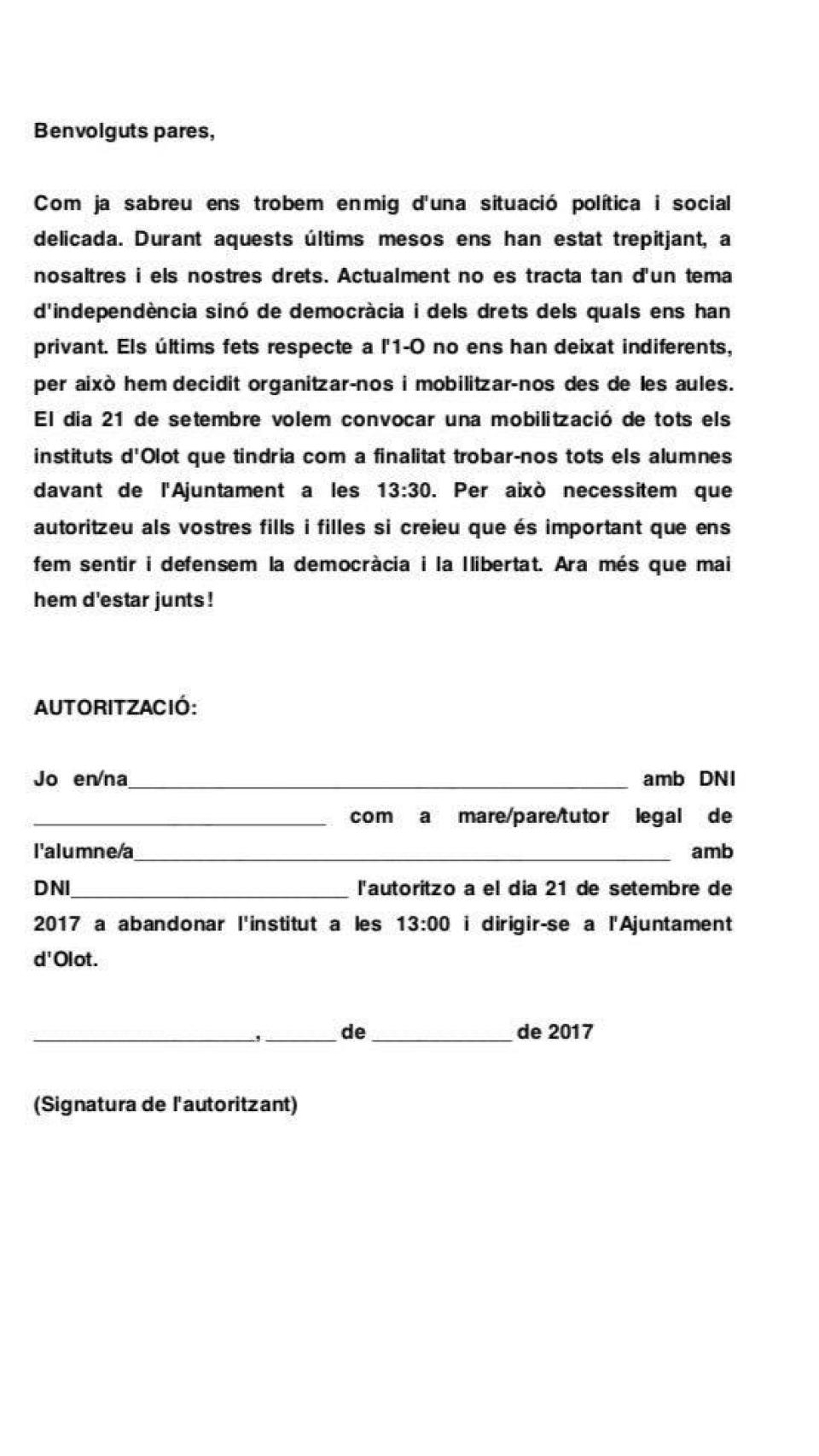 La autorización que el Instituto Garrotxa de Olot mandó a los padre.