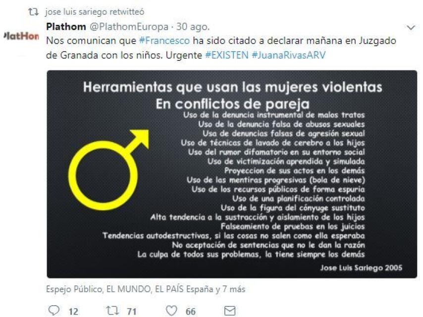 El retuit de José Luis Sariego al tuit de Plathomeuropa.