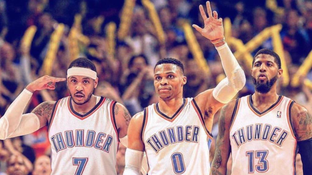 Fotomontaje con el nuevo tridente de lujo de la liga: Anthony, Westbrook y George.