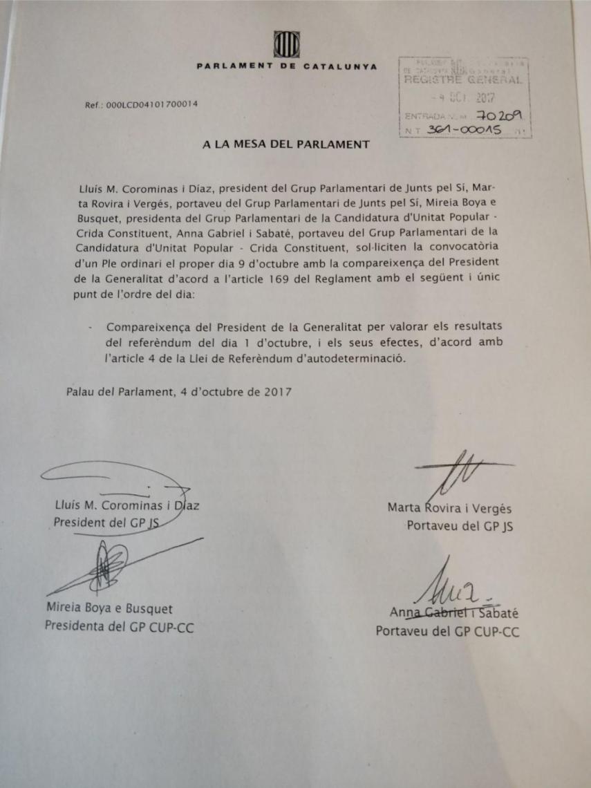 La petición del pleno firmada por los portavoces independentistas.