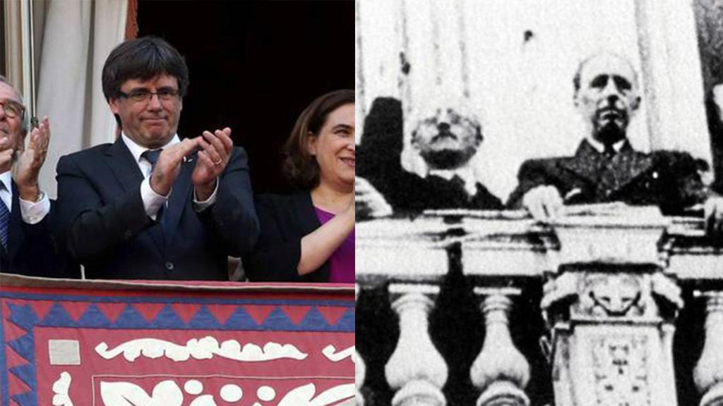 A la izquierrda, Carles Puigdemont. A la derecha, Lluis Companys en su declaración de 1934.