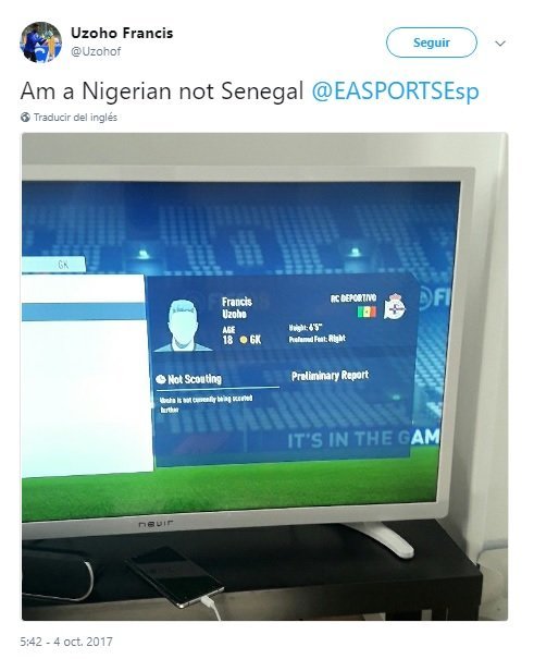 Pantallazo queja del portero del Deportivo Fabril. Foto Twitter ( @uzohof)