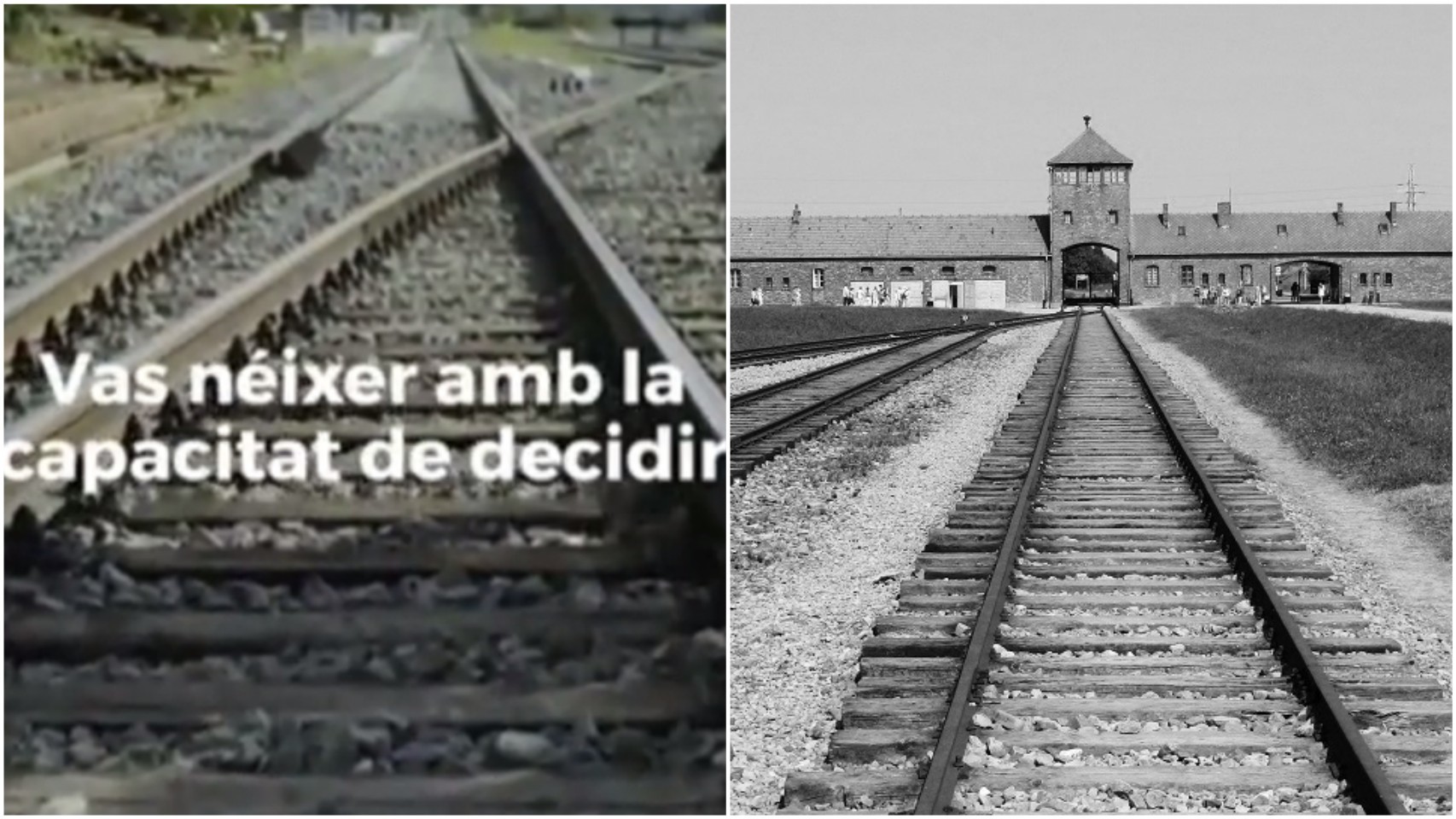 Fotograma del anuncio del referéndum ilegal en TV3 y entrada a Auschwitz por las también vías del tren