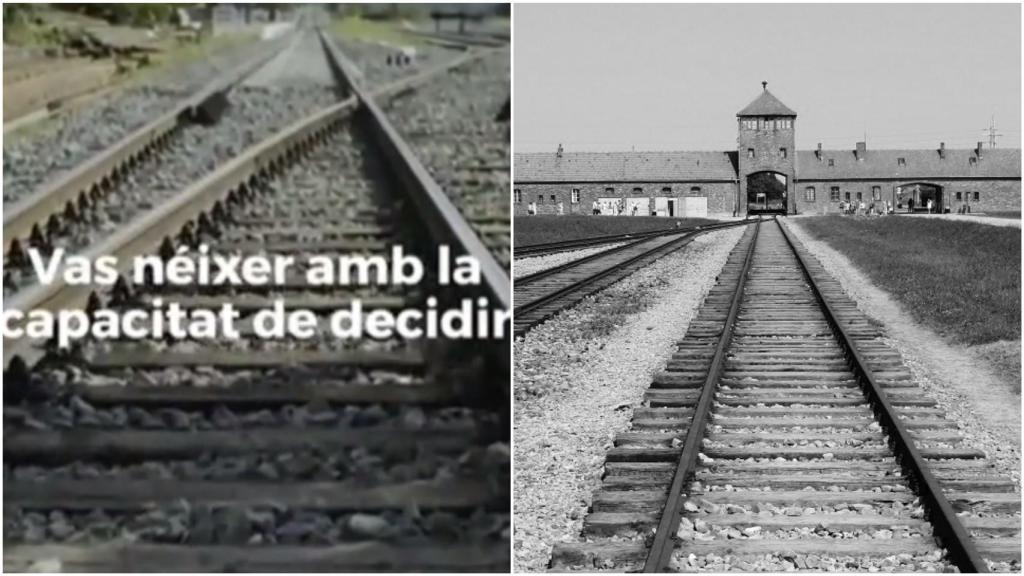 Fotograma del anuncio del referéndum ilegal en TV3  y entrada a Auschwitz por las también vías del tren