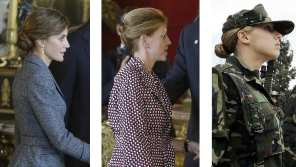 La reina Letizia, María Dolores de Cospedal y una militar, todas con moño.