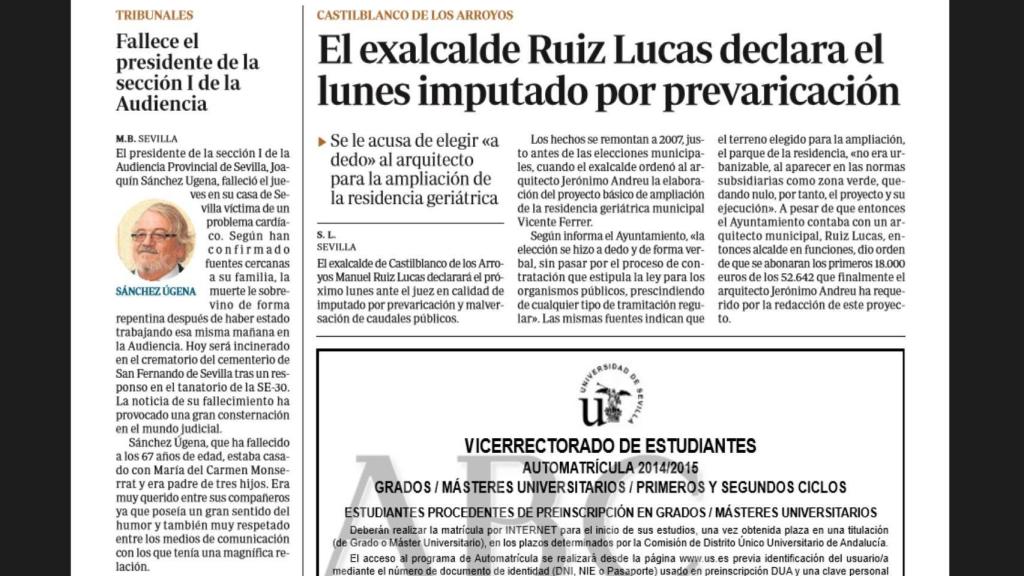 El obituario de Joaquín Sánchez Ugena en el ABC de Sevilla.
