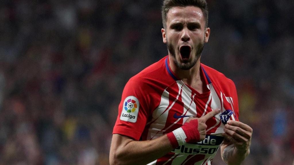 Saúl celebra su gol contra el Barcelona.
