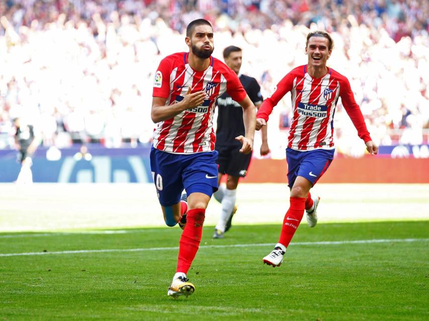 Carrasco celebra un gol en el Wanda Metropolitano.