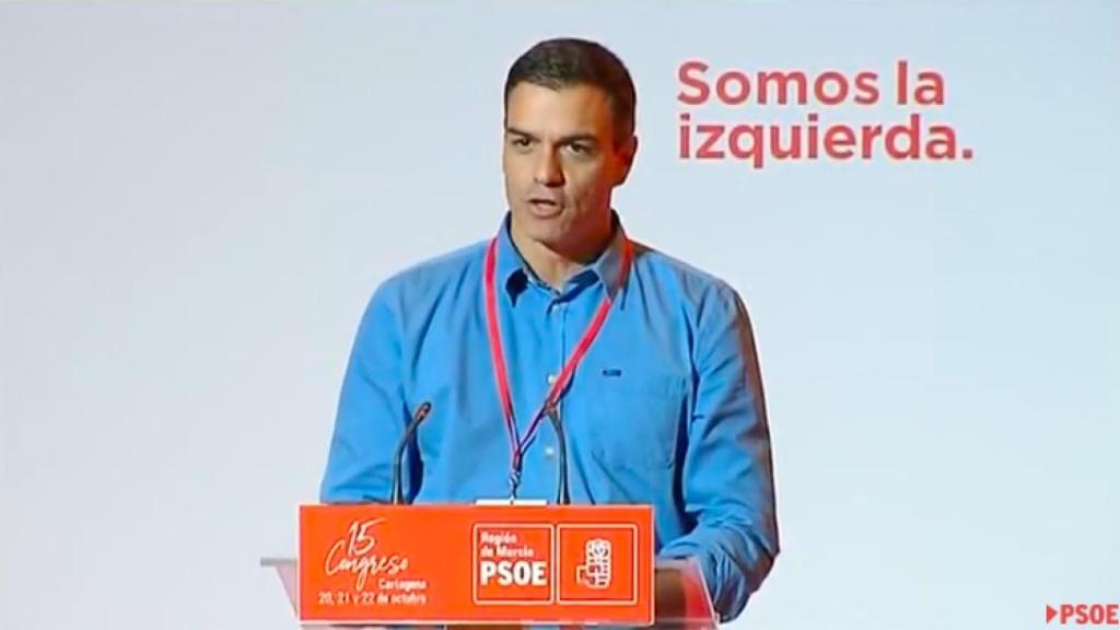 Sánchez, en su discurso ante los socialistas murcianos en Cartagena, este sábado.
