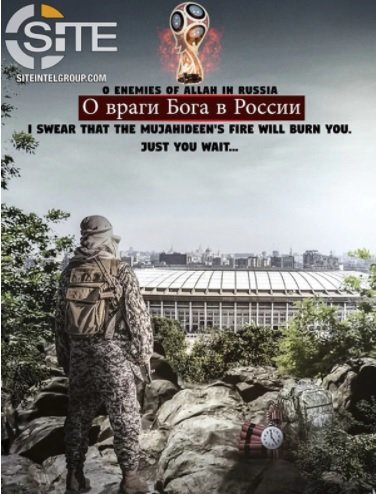 Cartel del Estado Islámico amenazando el Mundial de Rusia 2018 con la imagen de un terrorista observando el estadio de Luzhniki, en Moscú, con un AK-47 y explosivos