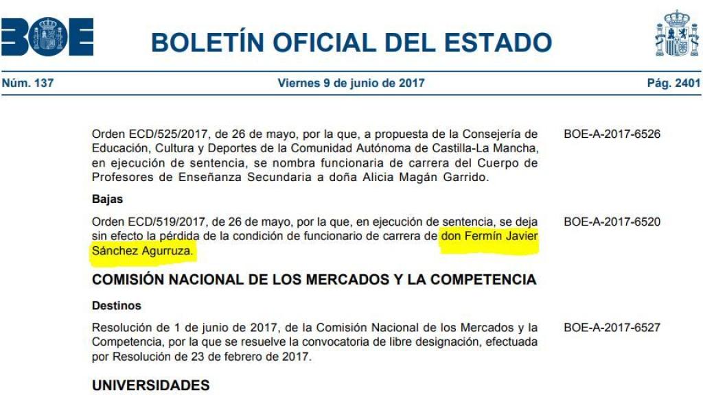 El BOE en el que se informa de la reincorporación de Sánchez Agurruza.