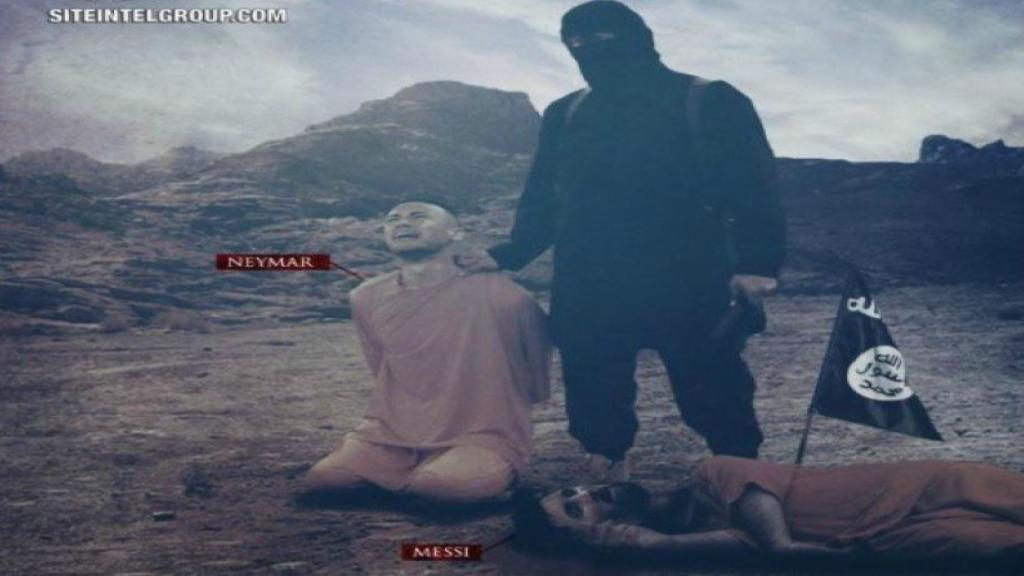 Cartel del Estado Islámico amenazando el Mundial de Rusia 2018 con la imagen de Messi y Neymar