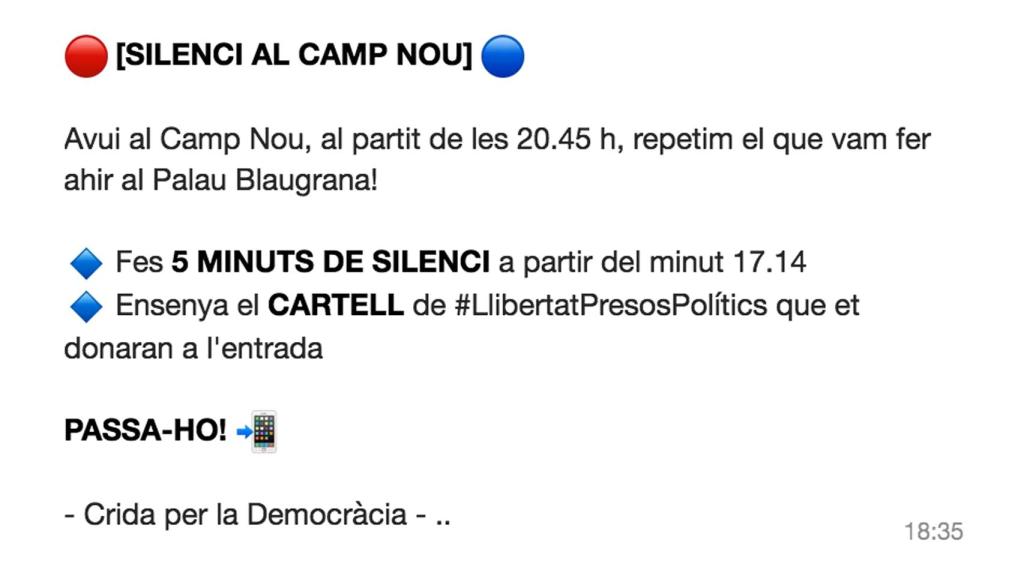 Mensaje de WhatsApp que ha circulado entre los aficionados azulgrana.