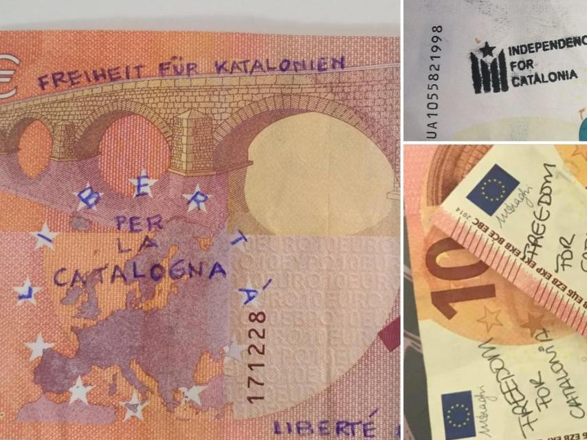 Algunos de los billetes con mensajes independentistas difundidos por Internet.