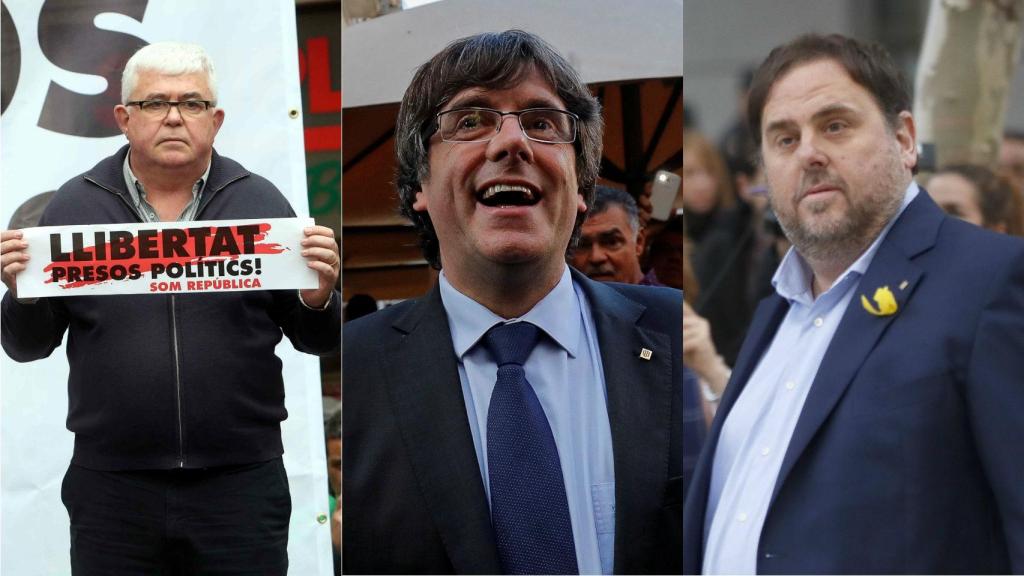 Agustí Alcoberro, vicepresidente de ANC, Carles Puigdemont y Oriol Junqueras.