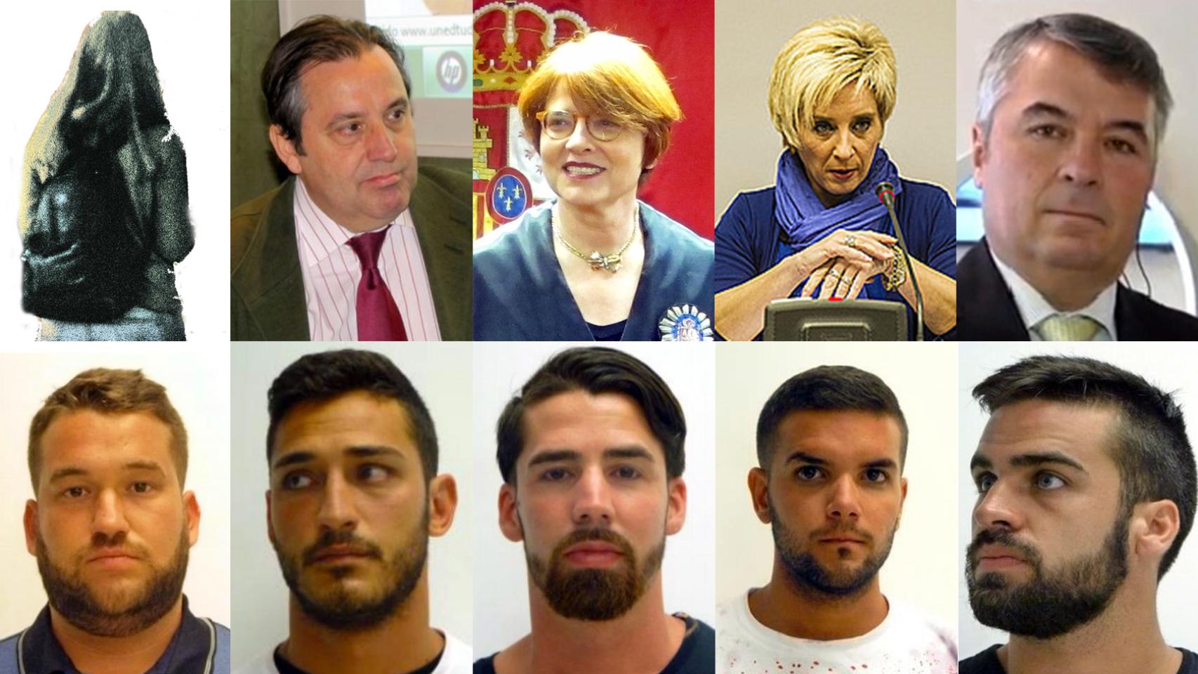 Arriba: silueta de C.; los magistrados José Francisco Cobo y Raquel Fernandino; la fiscal Elena Sarasate; y el abogado Agustín Martínez. abajo, de izquierda a derecha: José Ángel Prenda, Alfonso Jesús Cabezuelo, Jesús Escudero, Ángel Boza y Antonio Manuel Guerrero.