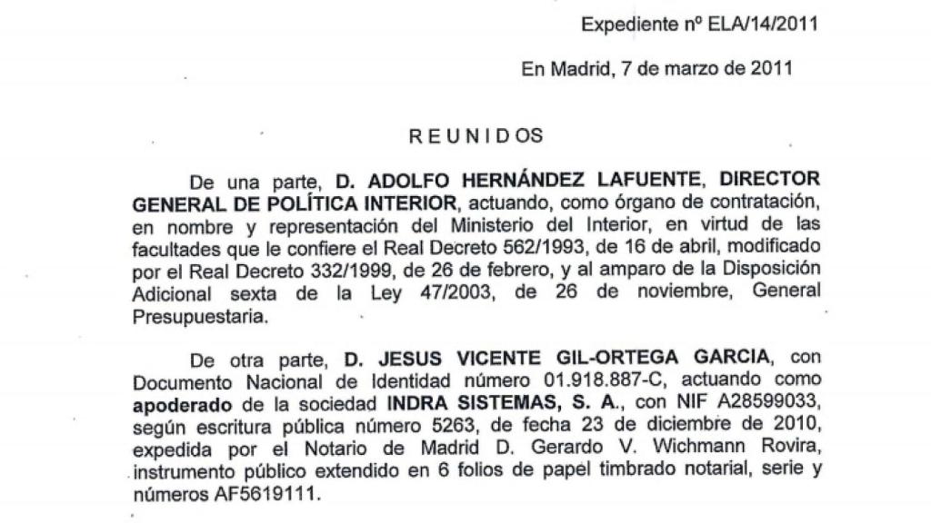 Contrato firmado entre Indra y el Ministerio del Interior en marzo de 2011 tras la adjudicación del contrato.