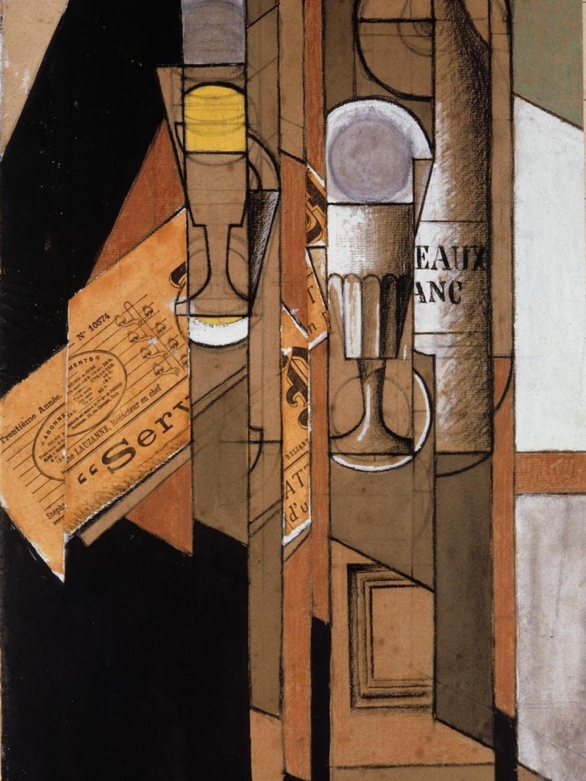 Juan Gris: Periódico y botella de vino.