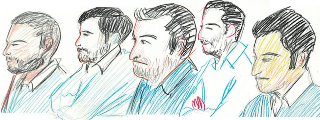 Los cinco acusados durante la sesión del juicio celebrado este lunes en Pamplona. Ángel Boza, Jesús Escudero, José Ángel Prenda, Antonio Manuel Guerrero y Alfonso Jesús Cabezuelo.