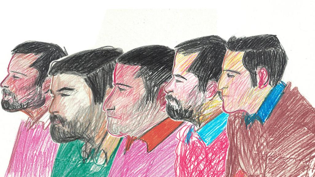 Ilustración de los miembros de La Manada durante el juicio. De izquierda a derecha: Ángel Boza, Jesús Escudero, José Ángel Prenda, Antonio Manuel Guerrero y Alfonso Jesús Cabezuelo.