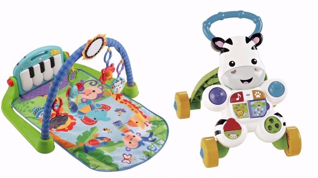 Gimnasio con piano para que el bebé de ‘patatidas’ y ‘Cebra Parlanchina Primeros Pasos’ de Fisher Price.
