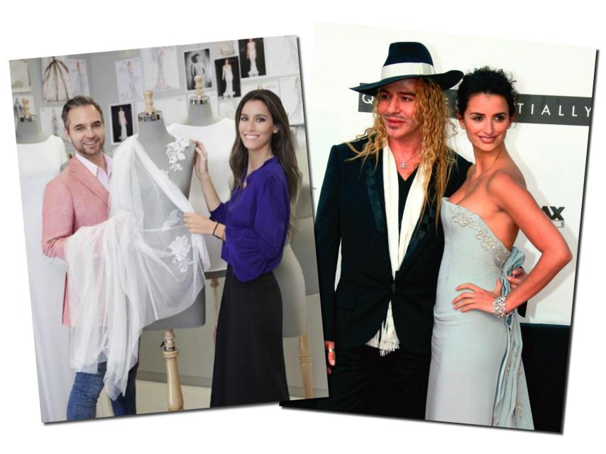 Ana Boyer junto al diseñador Hervé Moreu de Pronovias, y Penélope junto a John Galliano.
