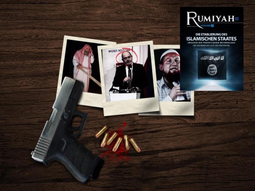 Imagen de la revista de Daesh en la que se amenaza al imán detenido en España y centro de la investigación.