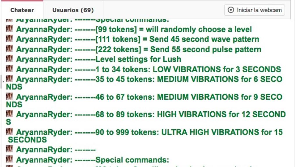 Cuadro de tarifas de una webcamer con un vibrador interactivo