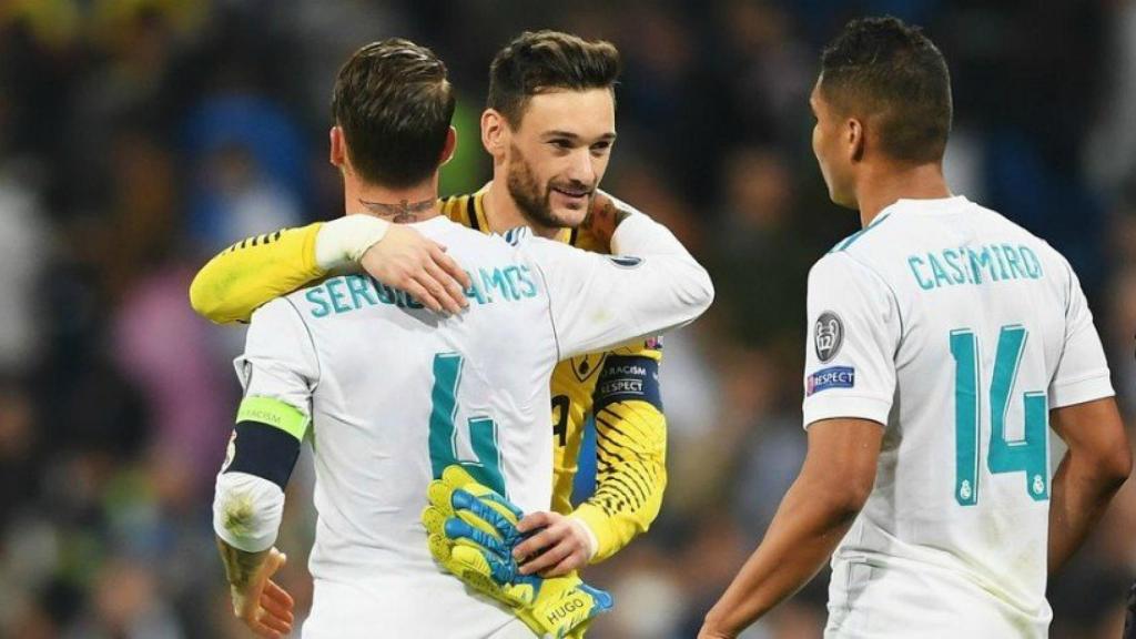 Lloris se abraza con Ramos y Casemiro al término del partido. Foto Twitter (@SpursOfficial)