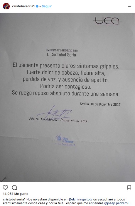 Cristóbal Soria se borra del Chiringuito tras el 5-0 del Madrid por una baja médica