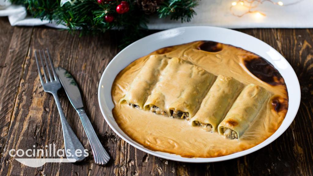Canelones de langostinos, setas y foie de pato