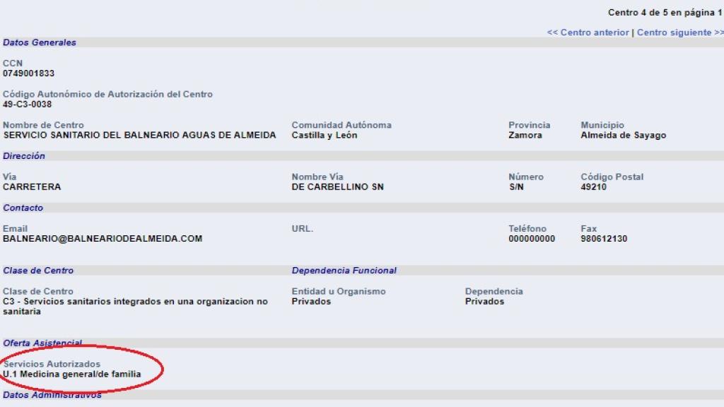 Como se puede ver en la tabla del Registro General de Centros, Servicios y Establecimientos Sanitarios (REGCESS), el centro no cuenta con la actividad de fisioterapia, pese a que la practican