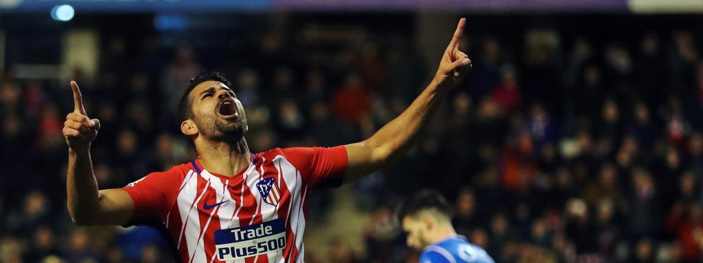 Diego Costa celebra su gol con el Atlético de Madrid ante el Lleida.