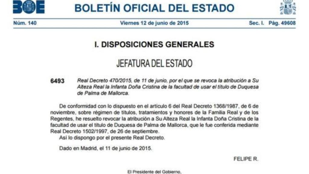BOE en el que se publicó la decisión del rey de despojar el título a su hermana Cristina