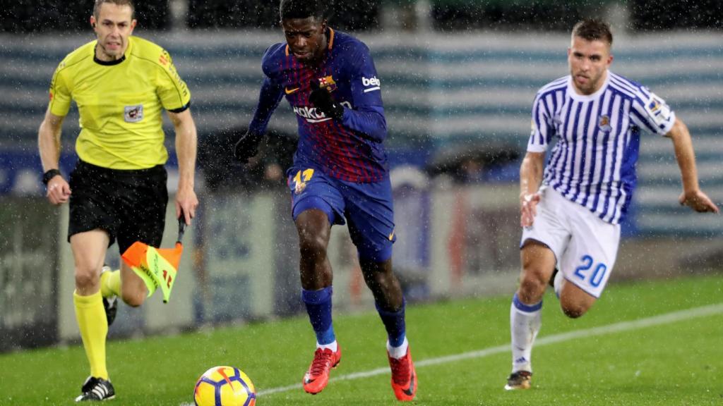 Dembélé en Anoeta, estadio en el que se lesionó este domingo.