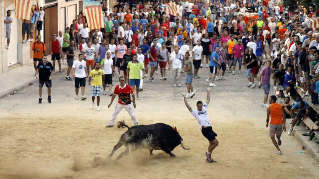 Un aficionado recorta a un toro en la calle