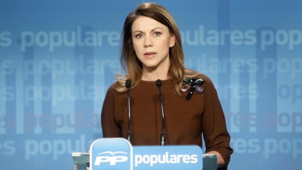 Maria Dolores de Cospedal durante su rueda de prensa para explicar la indemnización de Luis Bárcenas.