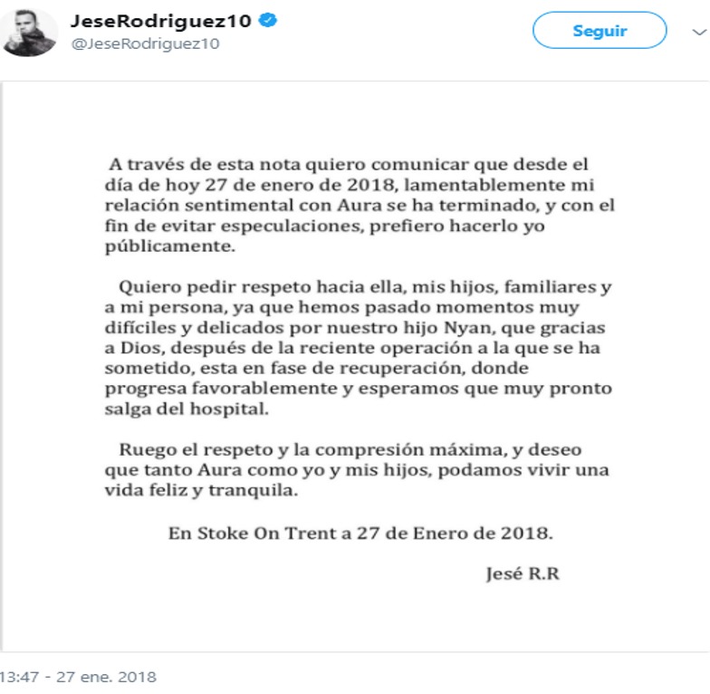 El comunicado con el que Jesé anunció el fin de su relación Aurah