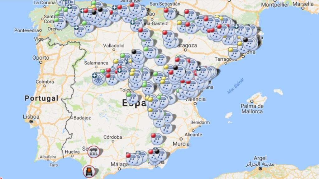 Los puntos de cortes y retenciones en la red viaria a mediodía del lunes.