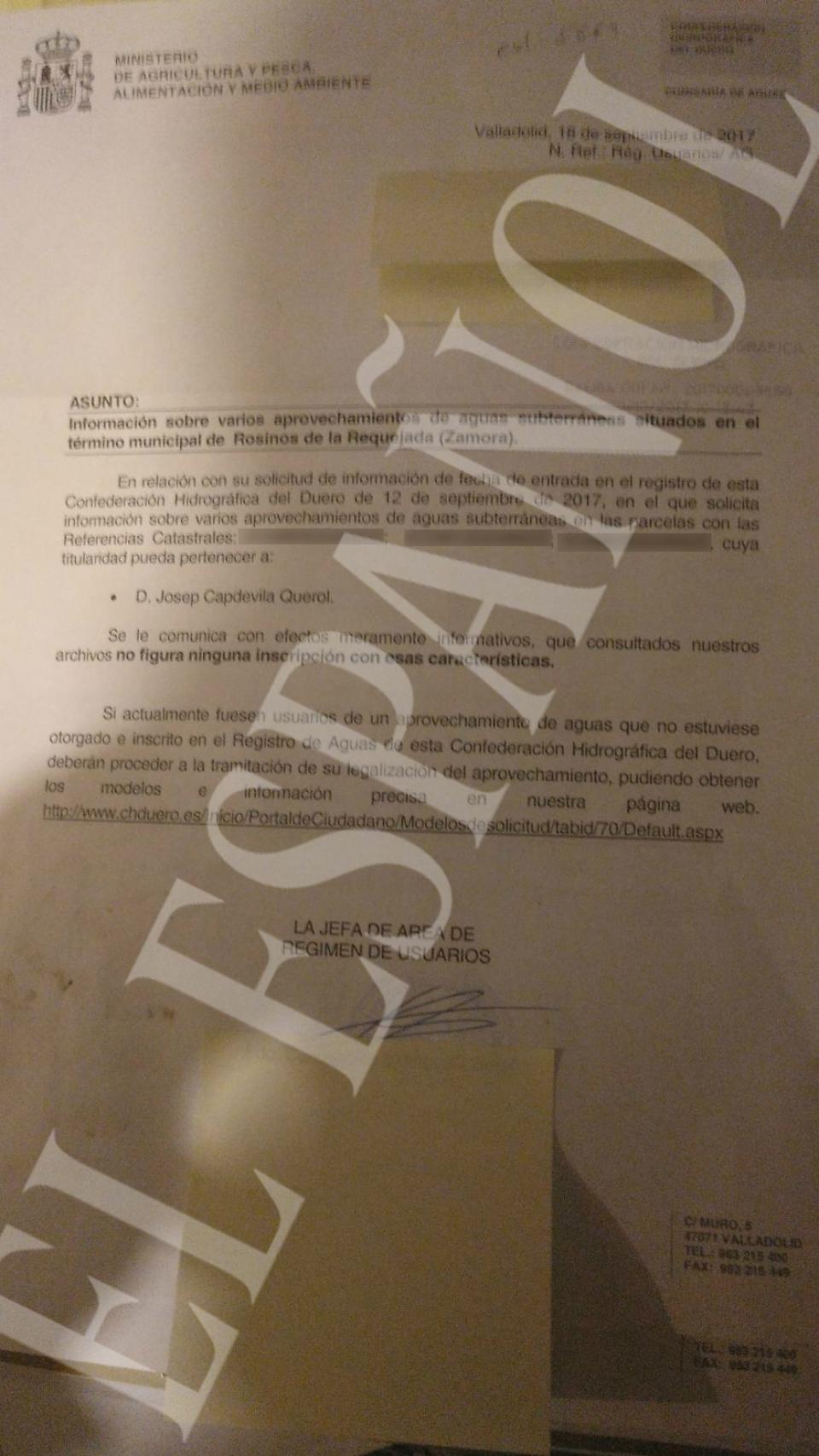 El documento que acredita que estos pozos no figuran en el registro.