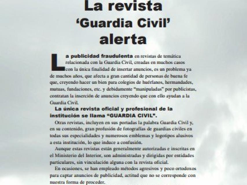 Mensaje difundido por la Guardia Civil sobre esta actividad fraudulenta.