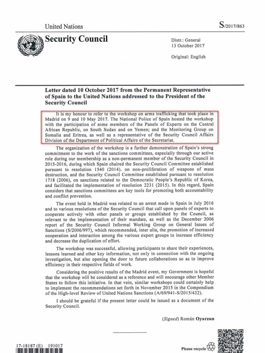 Carta del embajador español en Naciones Unidas donde se refleja la reunión en Madrid sobre el caso Dadaq.