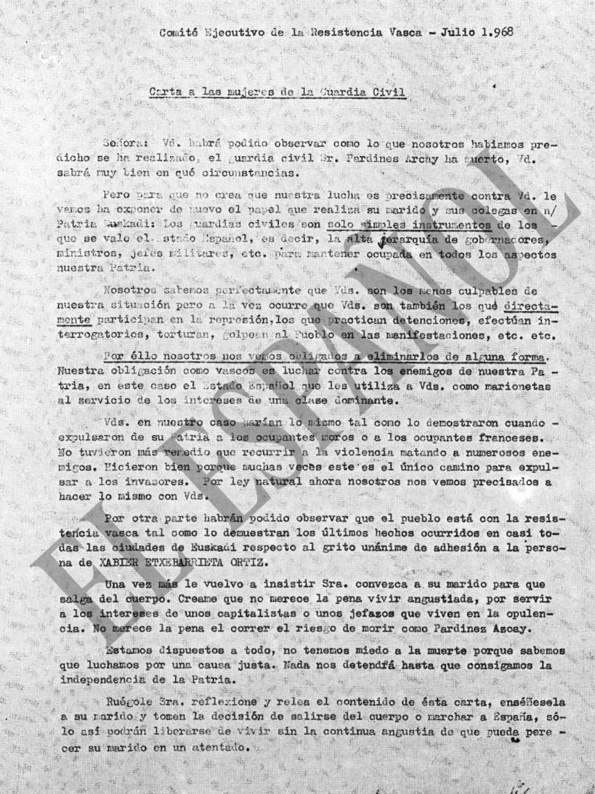 Carta enviada por la rama psicológica de ETA a las mujeres de los guardias civiles.