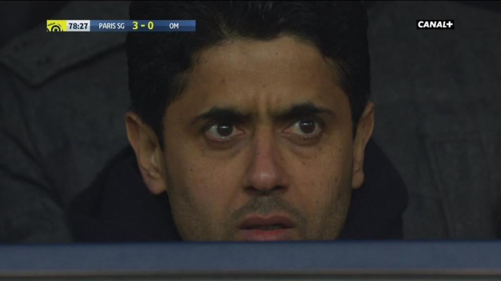 La cara de Nasser Al-Khelaïfi, presidente del PSG, en el momento de la lesión de Neymar.